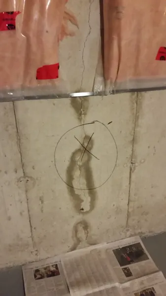 Leaking foundation crack in poured concrete wall with dampness and mud staining.