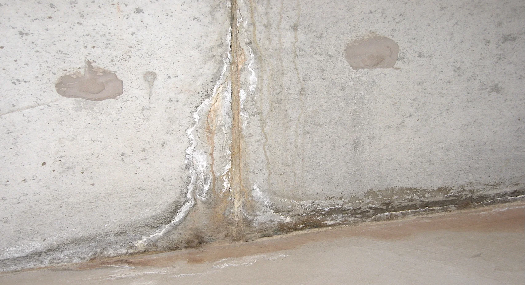 Leaking vertical foundation crack in a poured concrete basement wall.