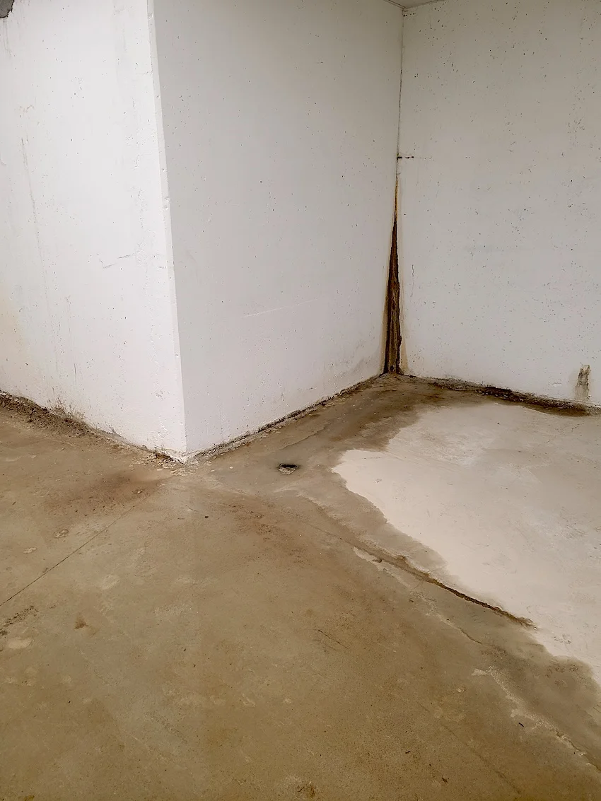 Water seeping into a basement at the cove joint due to high groundwater beneath the basement floor.